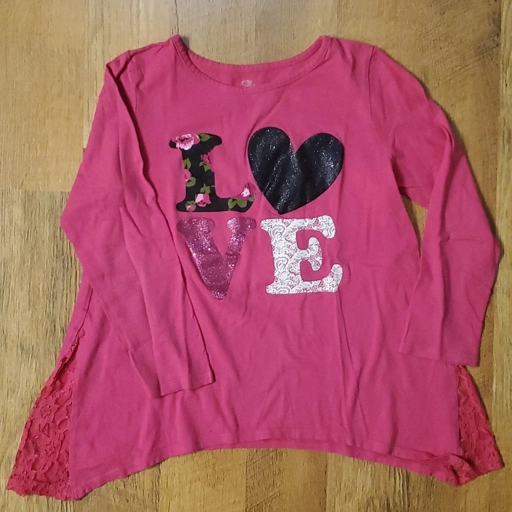 2 Girls Long Sleeve Shirts- LOVE‎ by Children's Place & Cat by Wonder Nation 7-8